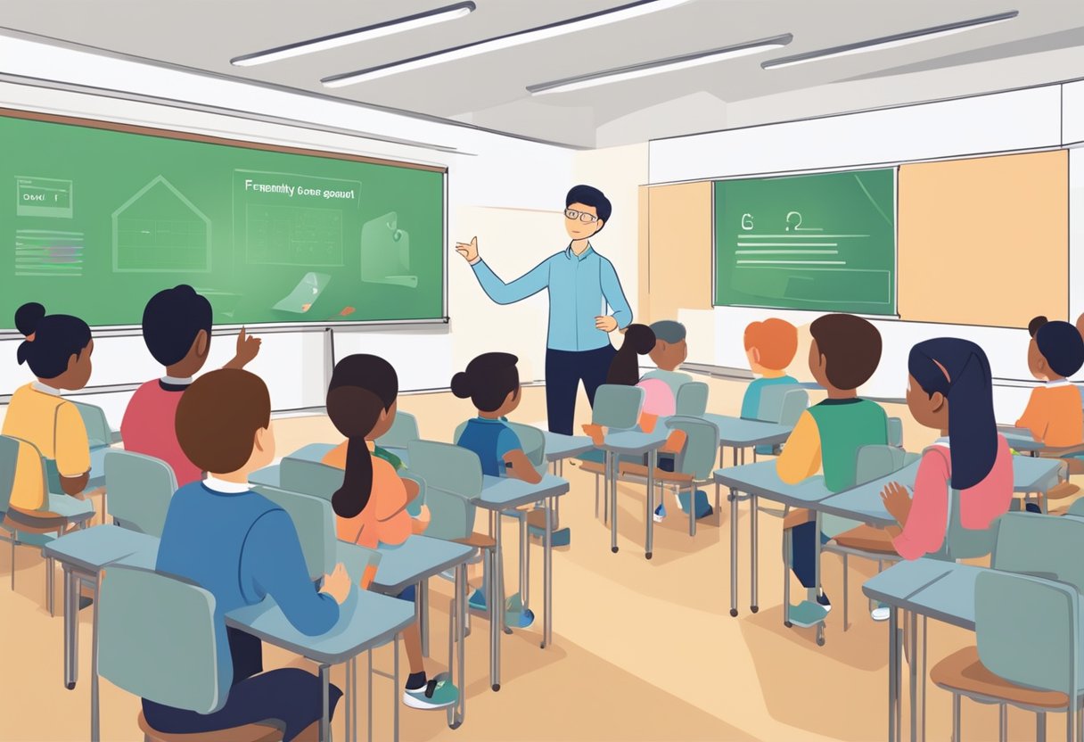 A classroom with students raising hands, teacher pointing to a screen with "Frequently Asked Questions apple education singapore" displayed