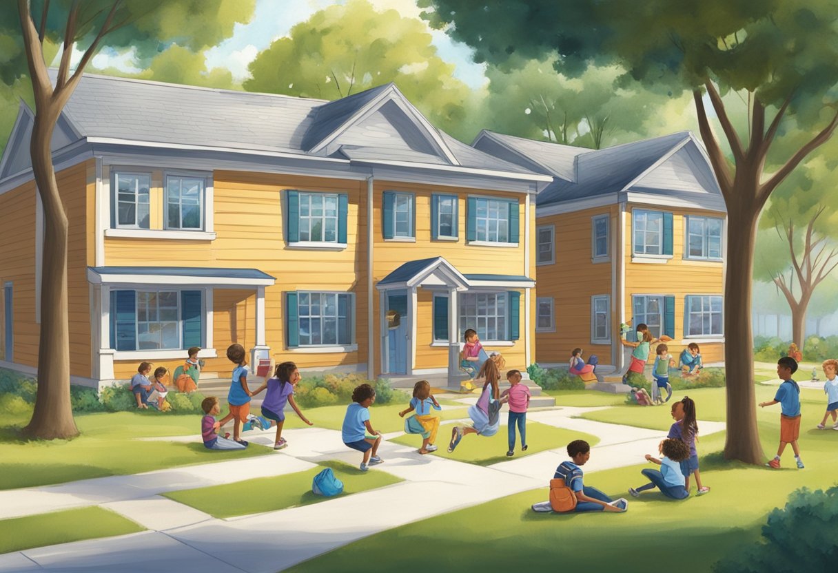 The rental home sits between two schools, with children playing and learning in the playgrounds. The sound of laughter and chatter fills the air as students move between classes