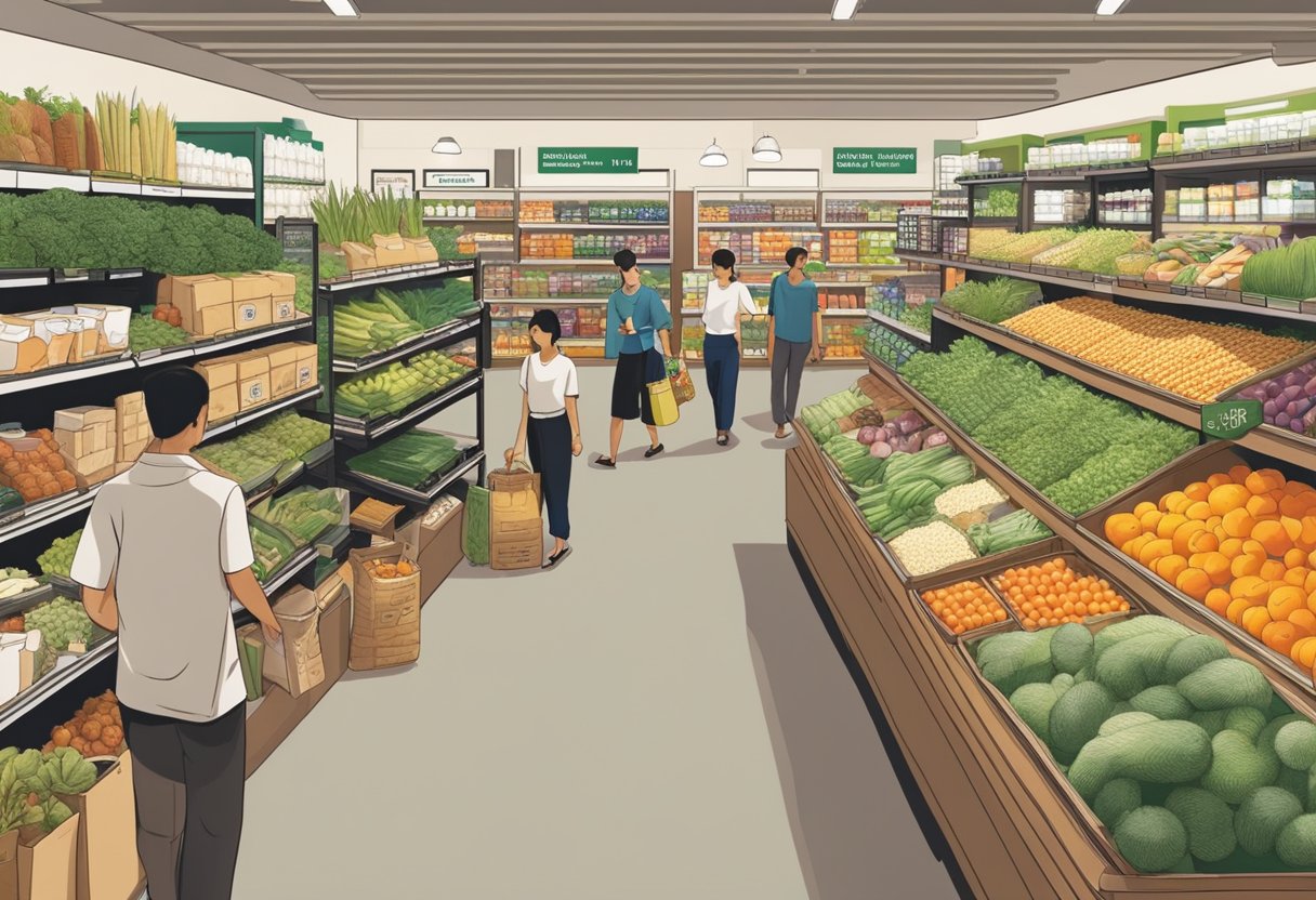 A bustling Wholefoods store in Singapore, with shelves stocked full of fresh produce, grains, and packaged goods. Customers browse the aisles, while staff members restock items and assist shoppers