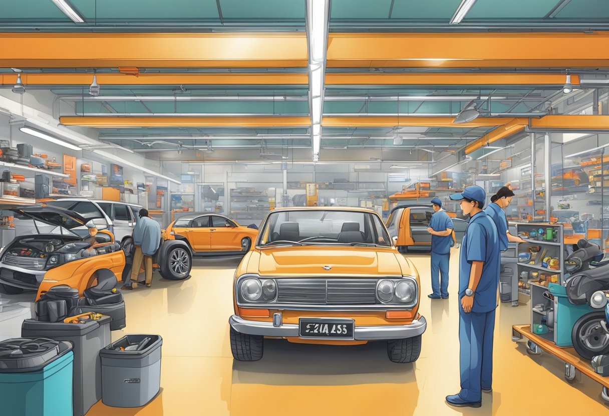 The Autobacs store in Singapore bustles with activity as customers browse car accessories and mechanics work on vehicles in the spacious garage