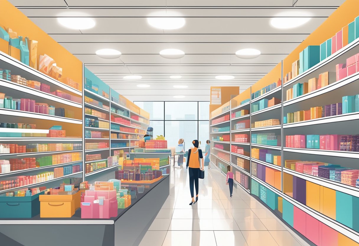 Customers browsing shelves of various products at a modern, well-lit store with a sleek and organized layout. The shopping experience is inviting and showcases a range of high-quality items
