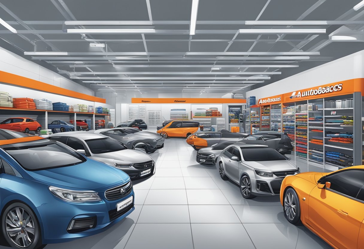 Autobacs Singapore offers a range of automotive products and services. The scene includes a well-stocked store with car parts, tools, and accessories, as well as a service area with technicians working on vehicles