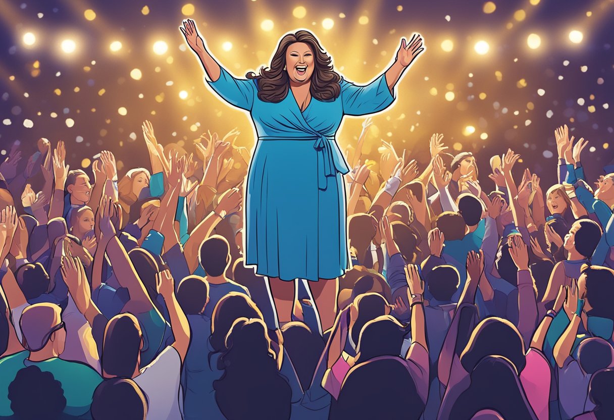 Abby Lee Miller's rise to stardom: a spotlight shining on a stage with a crowd cheering and clapping