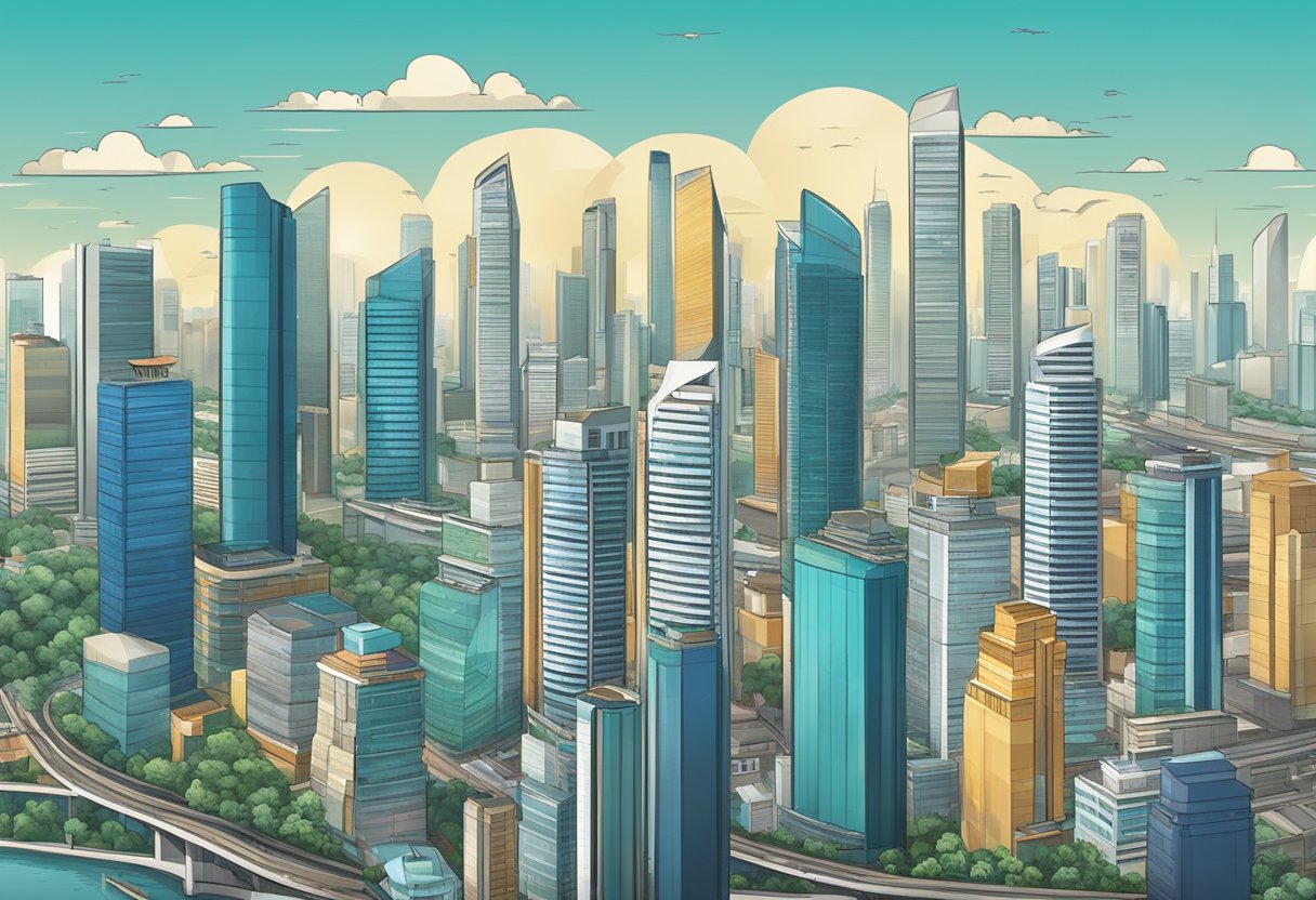 A bustling cityscape with skyscrapers and busy streets leading from Bangkok to Singapore