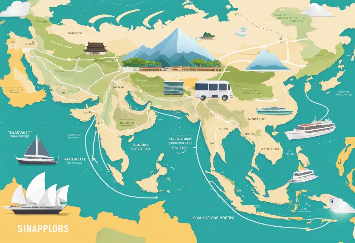 A map of Southeast Asia with a highlighted route from Bangkok to Singapore, surrounded by travel essentials like a passport, plane tickets, and a guidebook