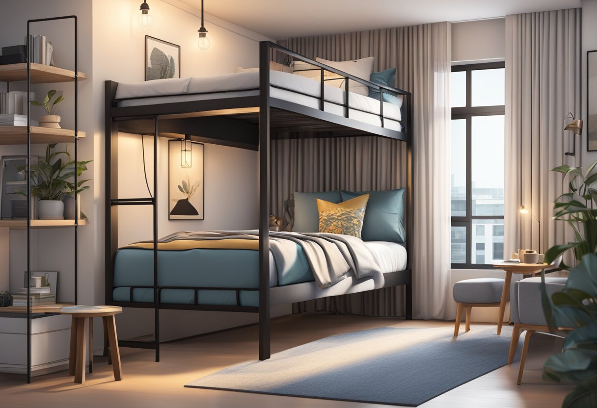 A cozy loft bed in a modern Singapore apartment, with a ladder leading up to the elevated sleeping area, surrounded by stylish decor and soft lighting