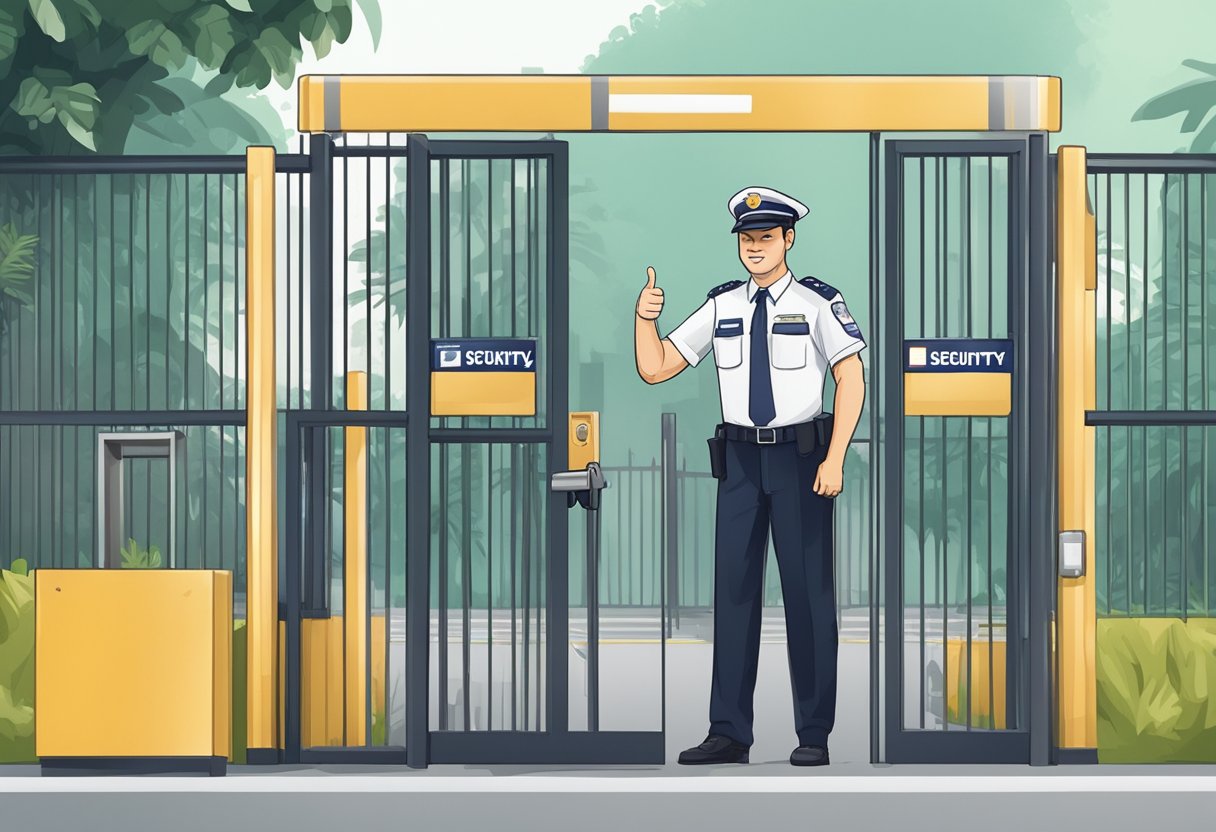 A security guard in uniform giving the thumbs-up to a person at a gate in Singapore
