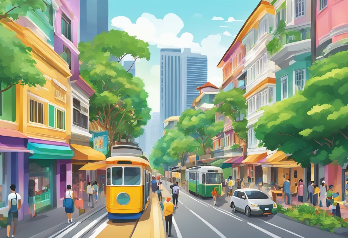 A bustling street in Singapore with colorful buildings and lush greenery, showcasing the vibrant and diverse culture of the city