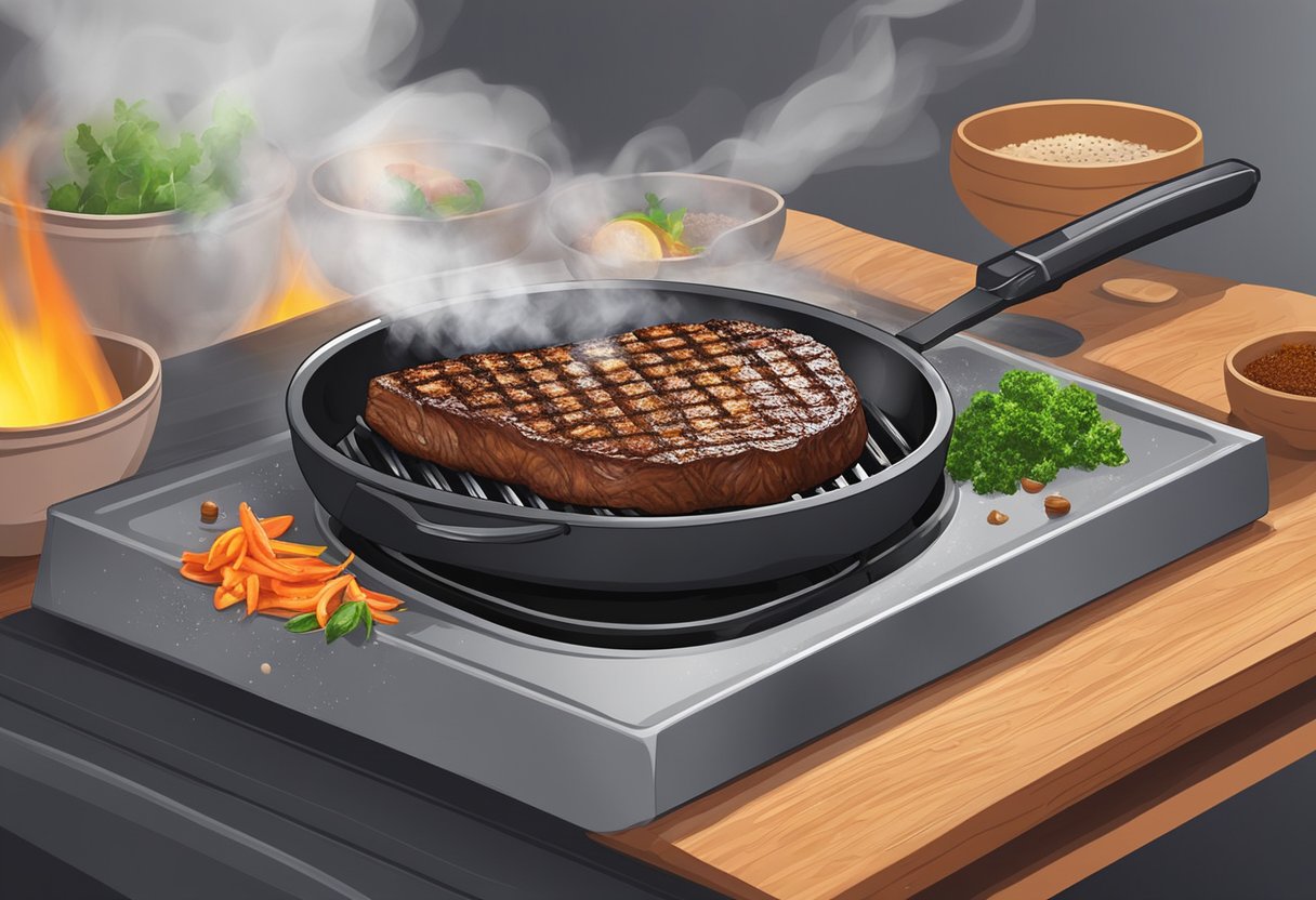 A sizzling halal steak is being grilled on a hot plate in Singapore, with aromatic spices and herbs sprinkled on top
