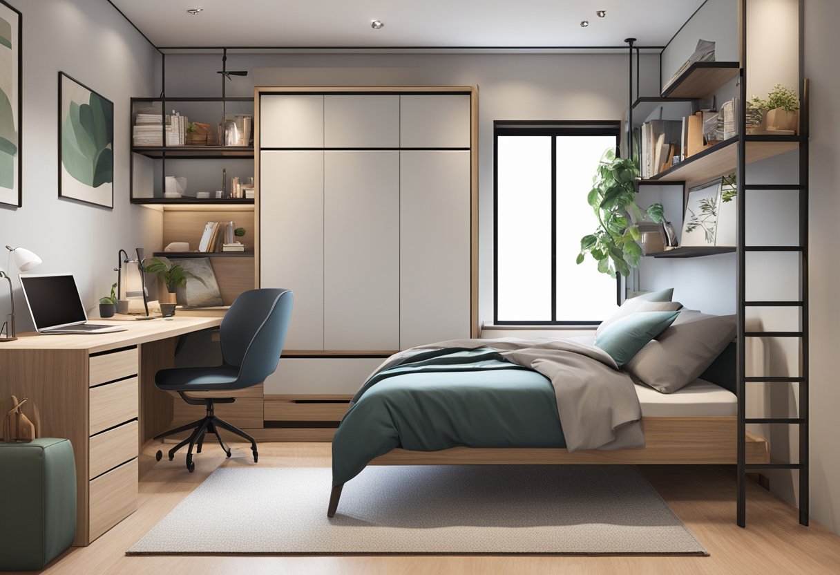 A loft bed sits in a cozy bedroom, maximizing space. It features a sleek design and storage options, fitting perfectly in a modern Singaporean home