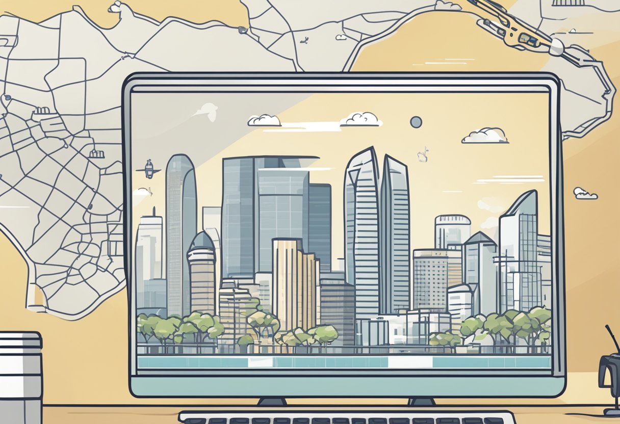 A computer screen displaying "Frequently Asked Questions" with the word "Scoop" and a map of Singapore in the background