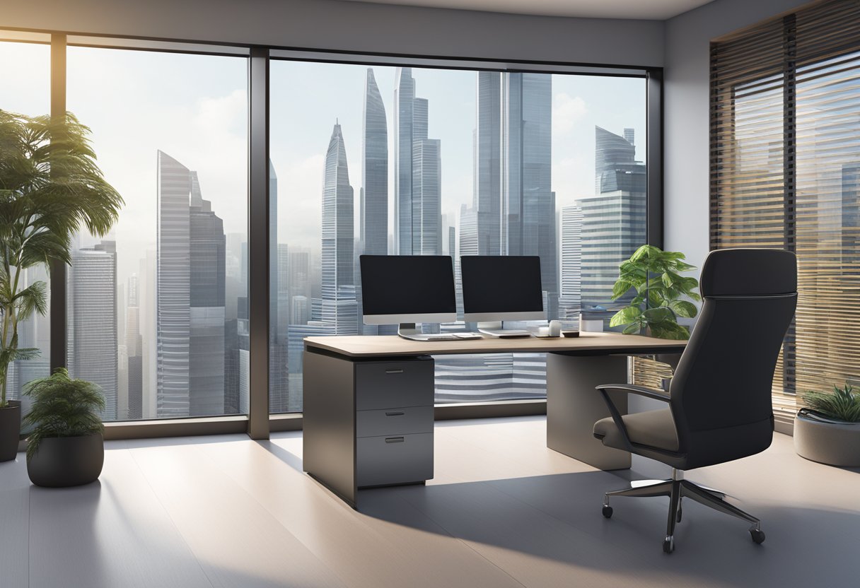 A sleek office desk with a computer, phone, and IBKR Singapore logo. A city skyline visible through the window