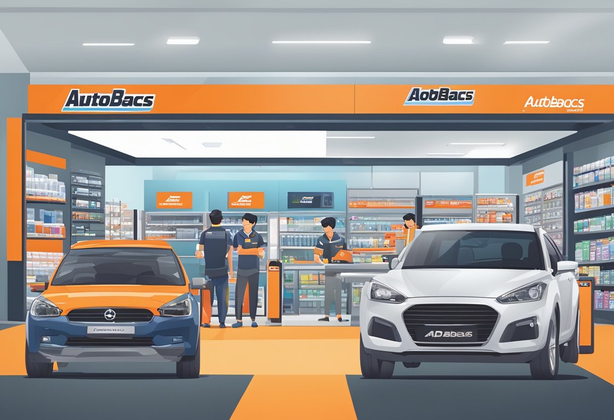 Customers at Autobacs Singapore receive friendly service, browse car products, and enjoy a clean, organized store with modern displays