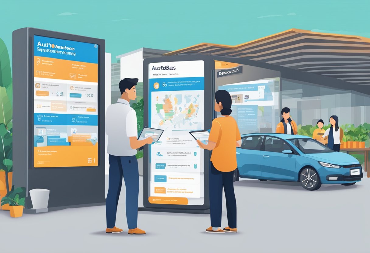 Autobacs Singapore FAQs displayed on a digital screen with customers reading and staff assisting