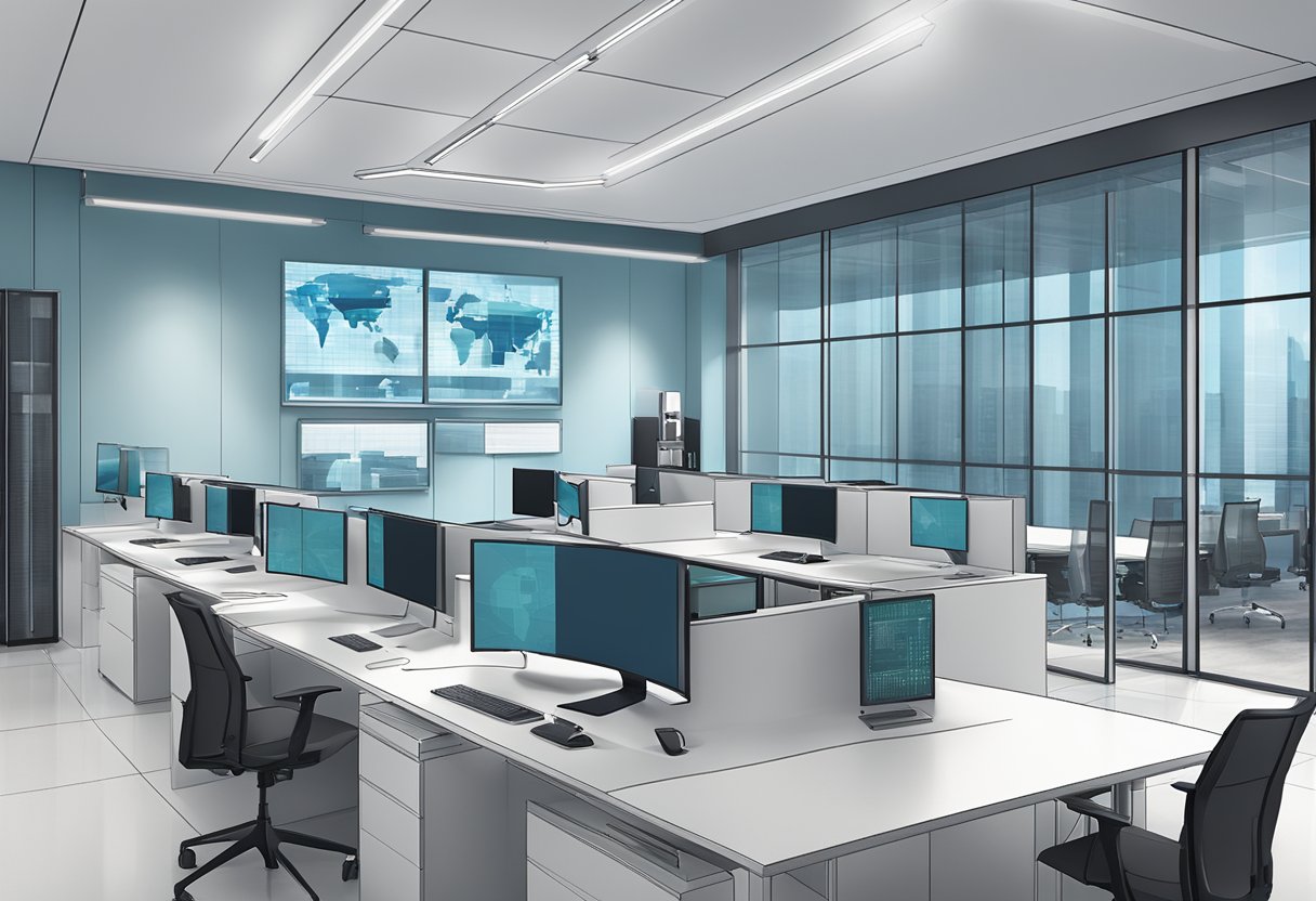 A sleek, modern office space with advanced cybersecurity technology on display. The CSA Singapore logo prominently featured, symbolizing their crucial role in national cybersecurity