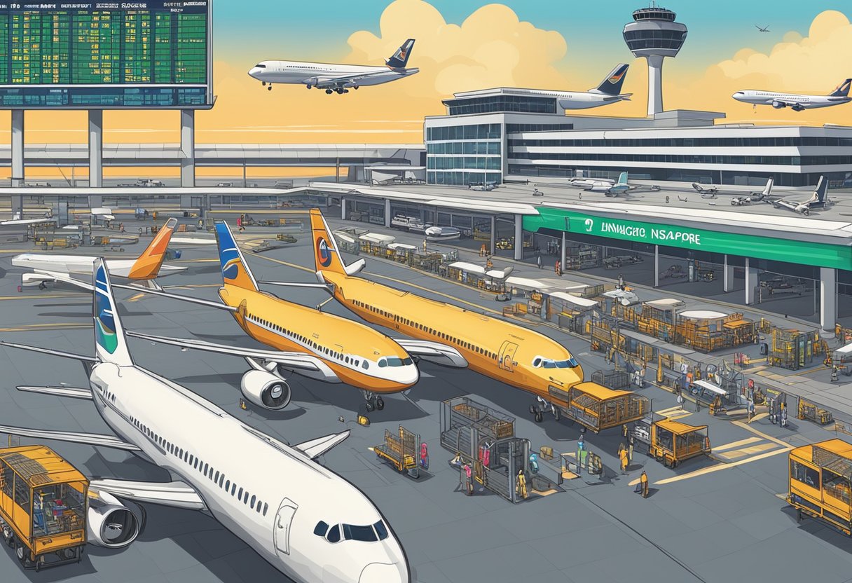 A bustling airport with planes on the runway, luggage carts, and a departure board showing flights from Bangkok to Singapore