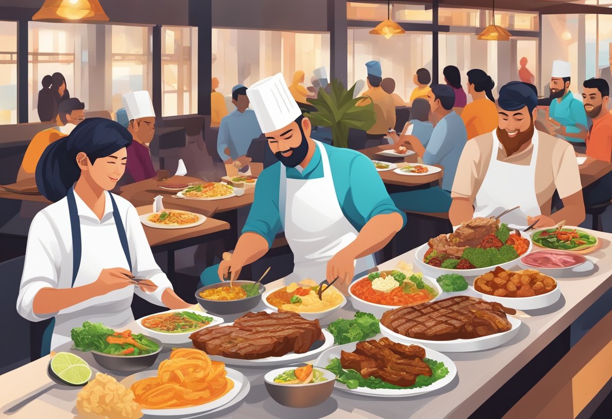 Customers enjoying halal steaks at a vibrant Singapore restaurant, with sizzling meats on the grill and a diverse array of flavorful side dishes