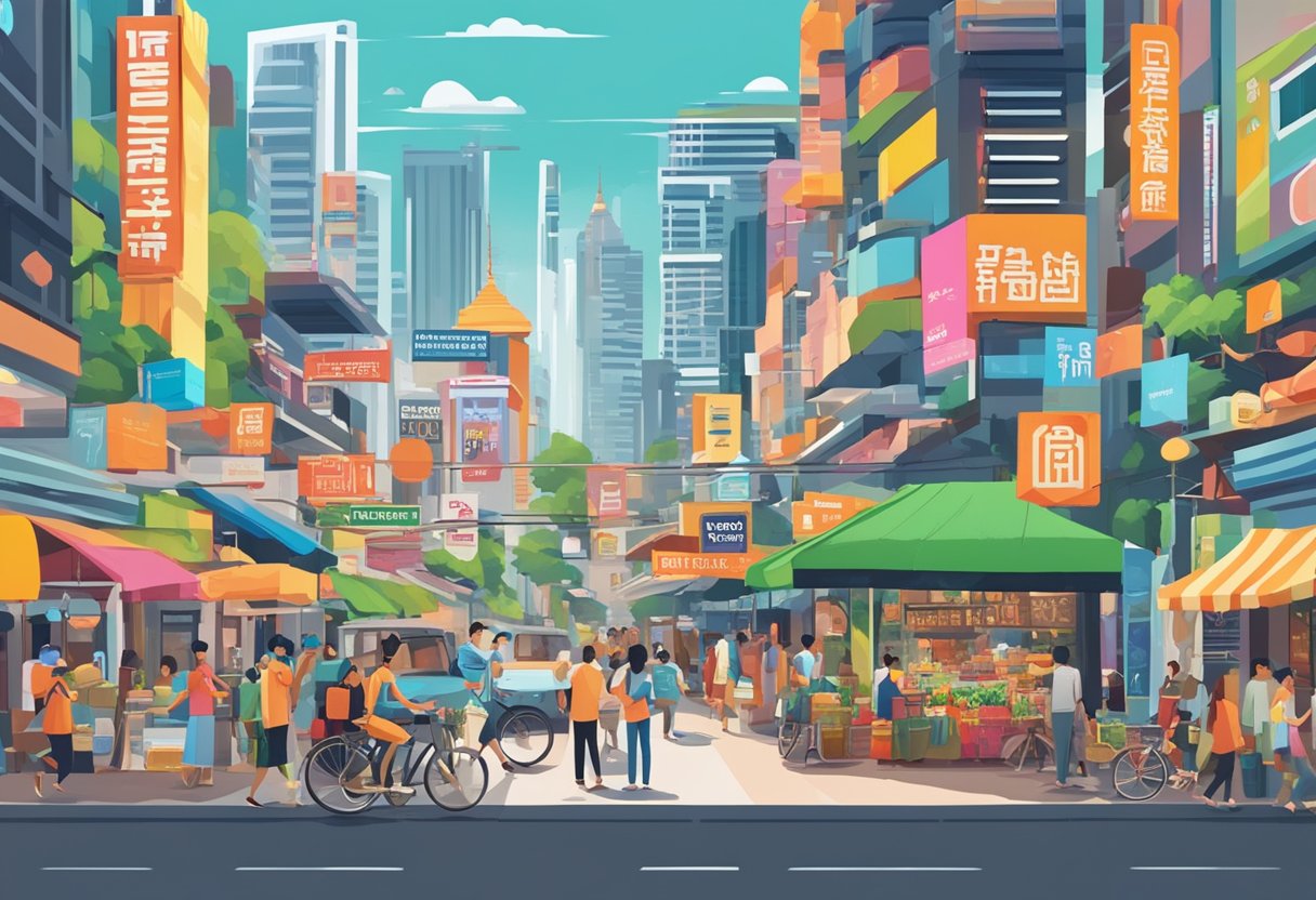 A bustling city street with a sign reading "Frequently Asked Questions Bangkok to Singapore" in bold letters, surrounded by diverse shops and colorful billboards