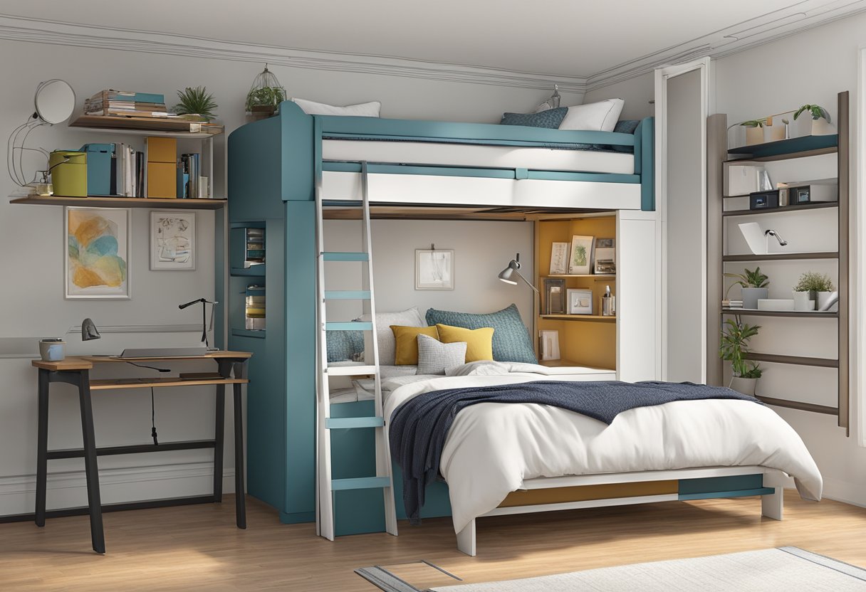 A loft bed with storage compartments underneath, a ladder leading up to the bed, and a study desk attached to the side of the bed