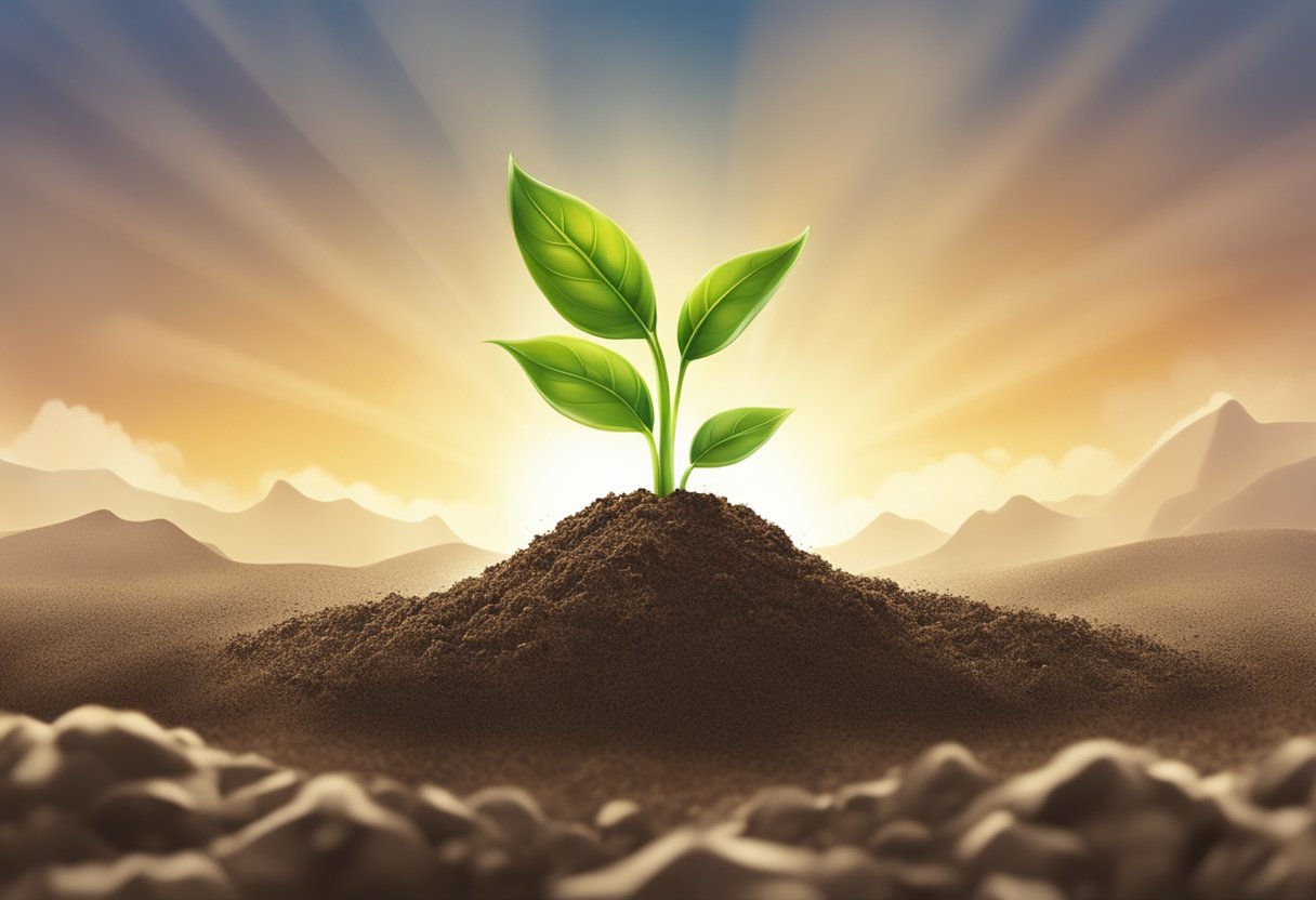 A seedling sprouts from the ground, pushing its way through the dirt and reaching towards the sunlight, symbolizing personal growth