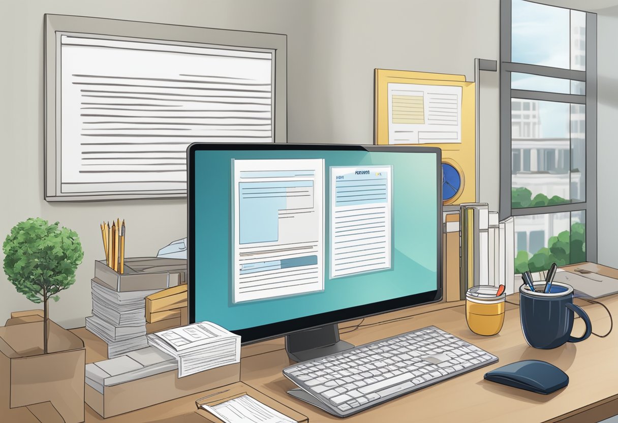 A desk with a computer, official documents, and a stamp. A sign with "Entry Approval Requirements" in Singapore