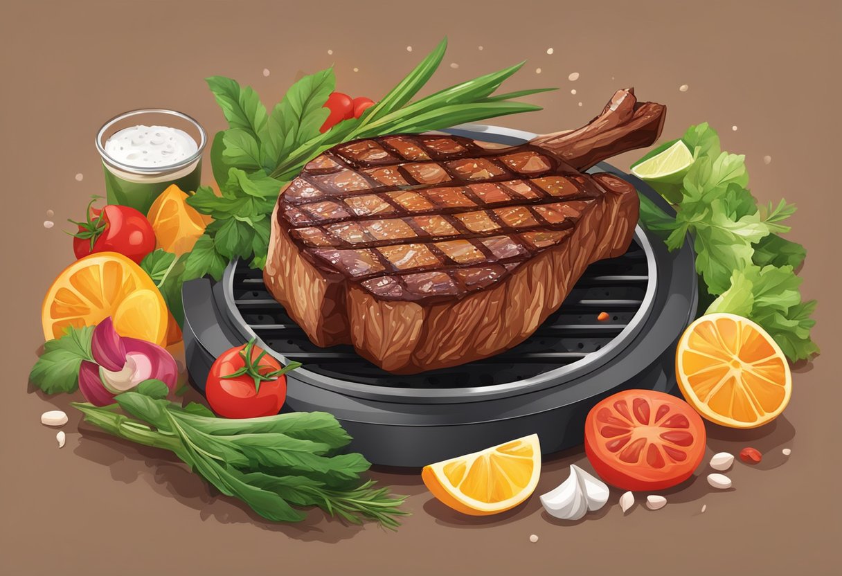 A sizzling halal steak rests on a hot grill, sending up mouthwatering aromas. Surrounding it are vibrant, fresh ingredients waiting to complement its rich flavors