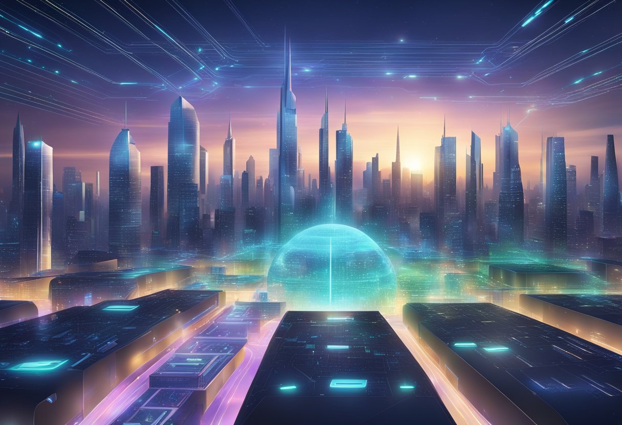 A futuristic city skyline with digital security infrastructure, glowing data nodes, and advanced technology hubs