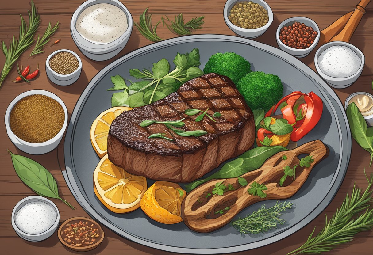 A sizzling halal steak on a hot grill, surrounded by aromatic herbs and spices, with a sign reading "Frequently Asked Questions halal steak singapore" in the background