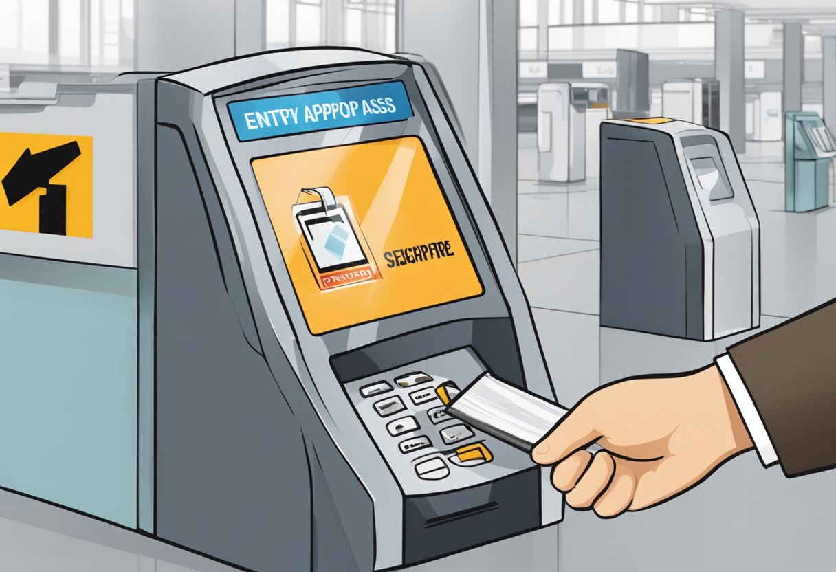 A person's hand swiping a digital pass at a security checkpoint, with a sign displaying "Entry Approval Singapore" in the background