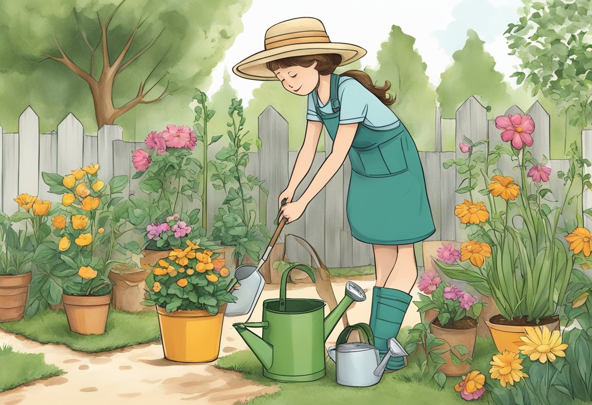 Mimi fell while gardening, scattering her tools and spilling a watering can