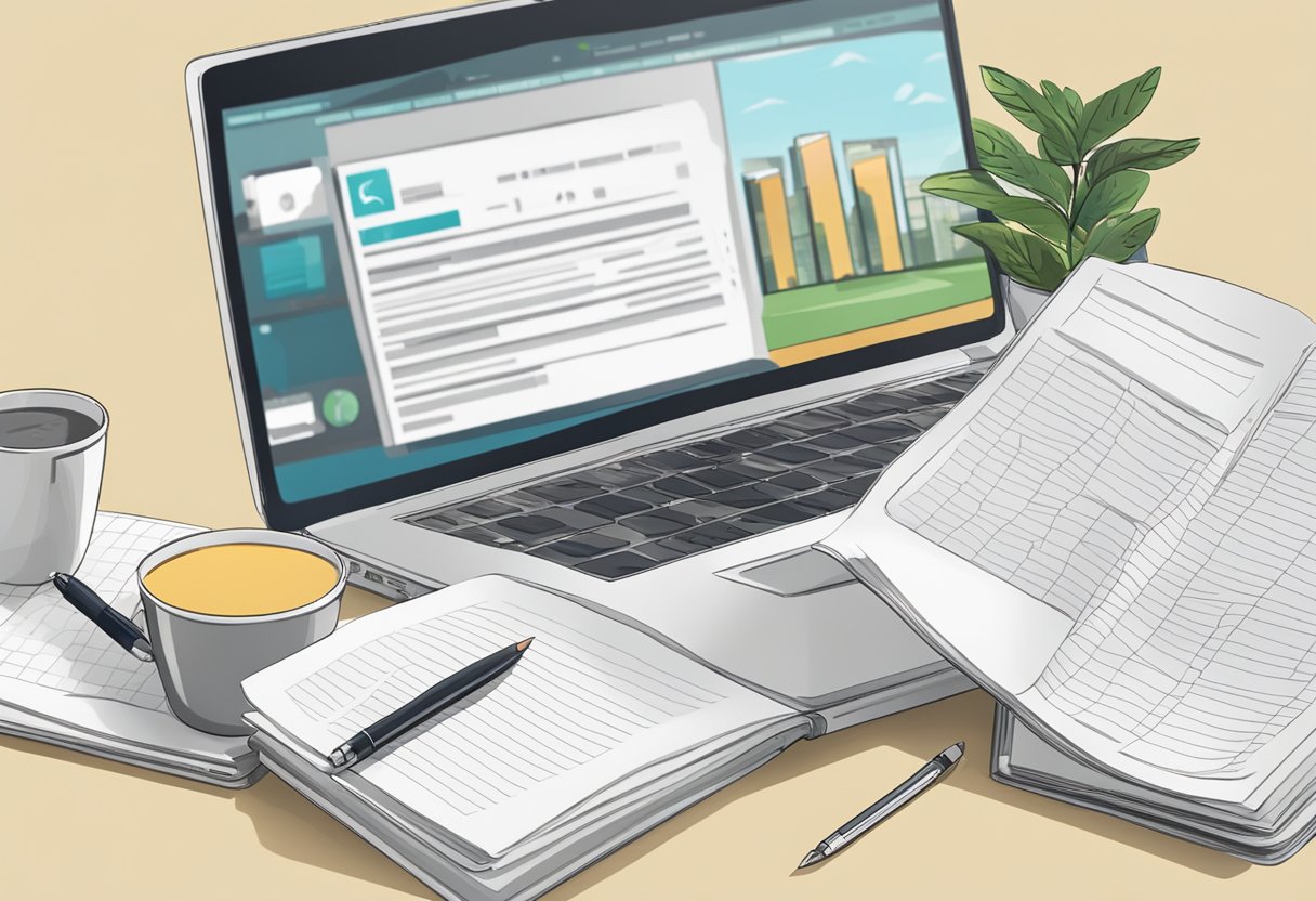 A table with a laptop, pen, and paper. A sign reading "Frequently Asked Questions CSA Singapore" displayed prominently