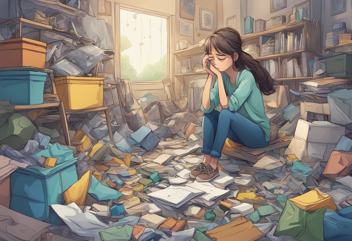 Mimi sits alone, tears streaming down her face, surrounded by clutter and chaos. Her expression is one of deep sadness and frustration