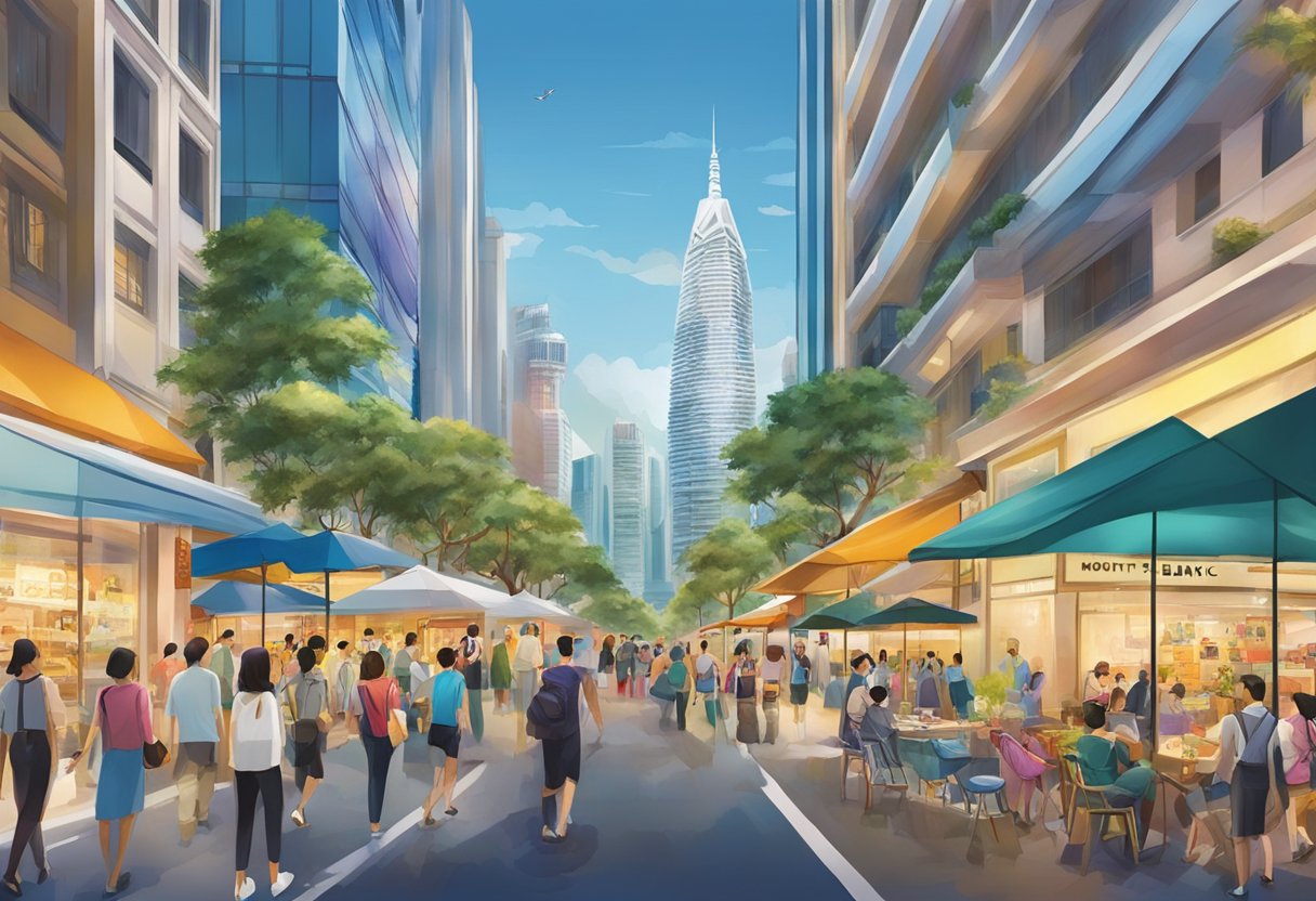 Mont Blanc Singapore: A bustling city street with iconic skyscrapers and a vibrant mix of people and cultures