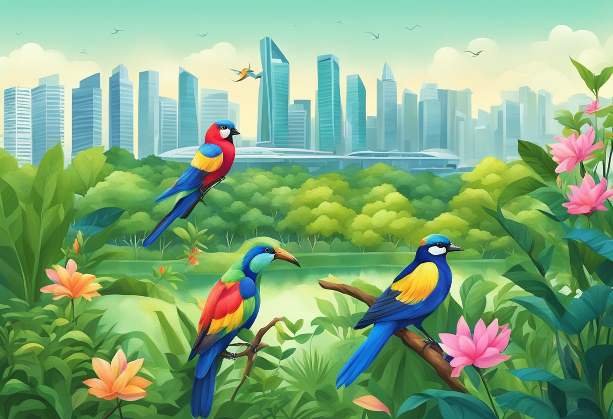 Colorful birds perched on lush green trees in a tranquil garden setting, with the iconic Singapore skyline in the background