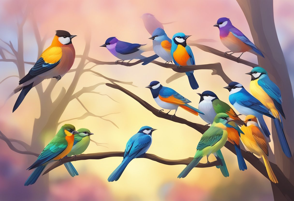 A group of colorful birds gather on a tree branch, their feathers shining in the sunlight. The birds are different species but they seem to be peacefully coexisting, creating a beautiful and harmonious scene
