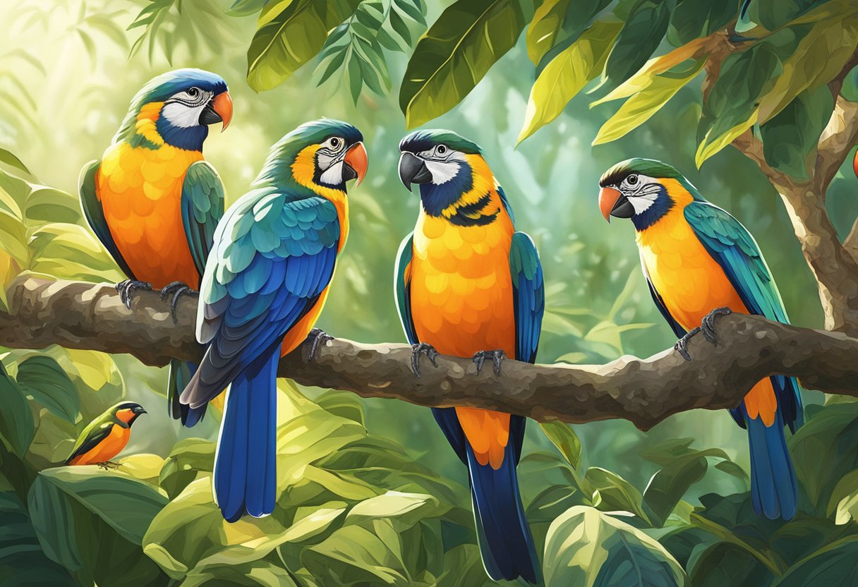 Colorful birds perched on lush green branches in a vibrant aviary at Birds of a Feather, Singapore. Sunlight filters through the foliage, casting dappled shadows on the ground