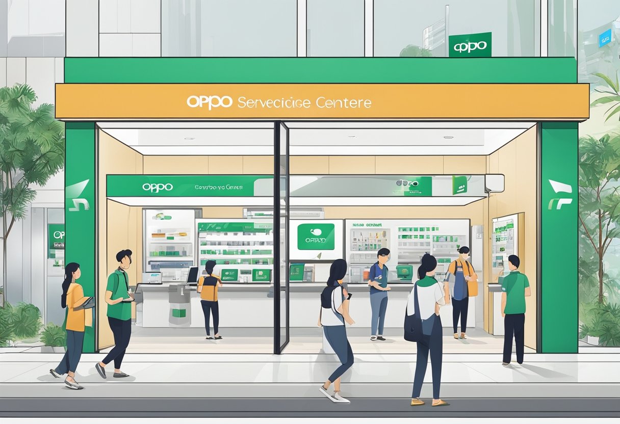 The Oppo service center in Singapore is bustling with customers and staff. Phones are being repaired, and customers are browsing the latest models. The logo is prominently displayed on the storefront