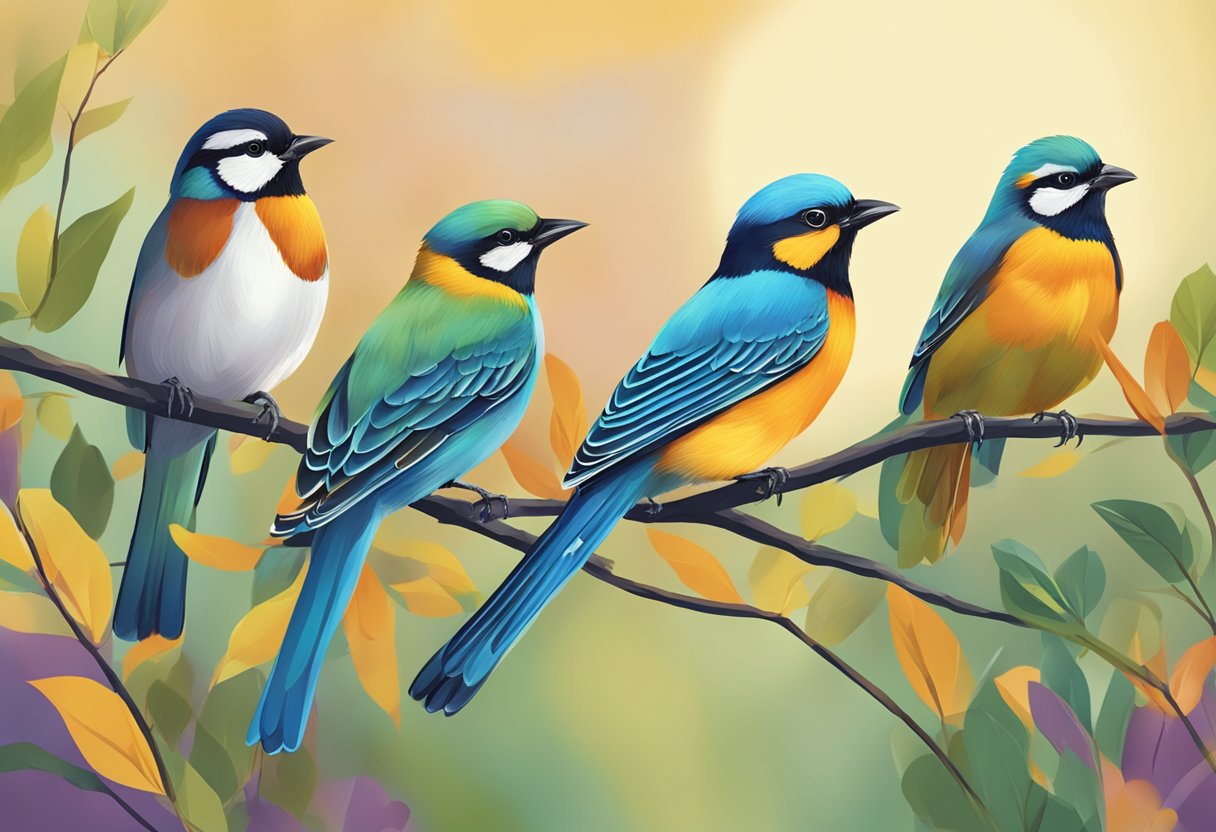 Colorful birds perched on branches, with a "Frequently Asked Questions" sign in the background