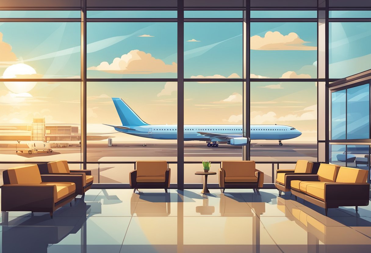 A spacious airport lounge with modern furnishings, large windows, and a view of airplanes on the tarmac