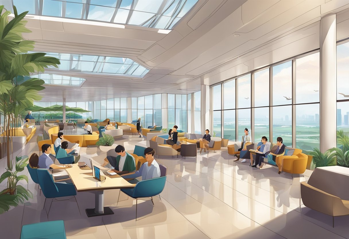 Passengers leisurely roam spacious, modern Changi Airport lounges, enjoying amenities and breathtaking views