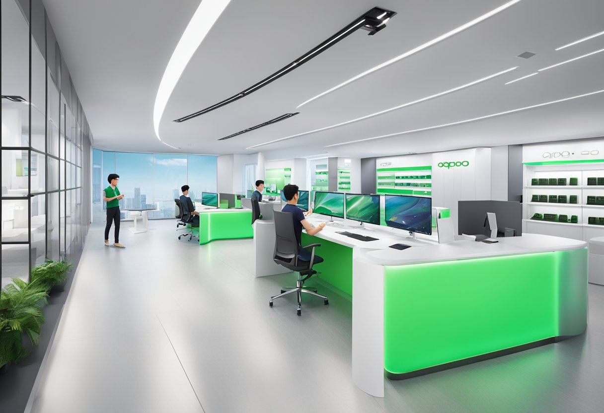 A bright and modern Oppo service center in Singapore, with a sleek and inviting interior, staffed by knowledgeable technicians