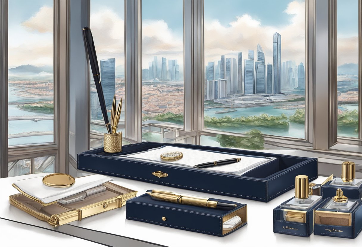 The iconic Mont Blanc pen displayed in a sleek glass case, surrounded by luxurious leather goods and elegant writing accessories. A backdrop of the Singapore skyline adds a touch of cosmopolitan sophistication