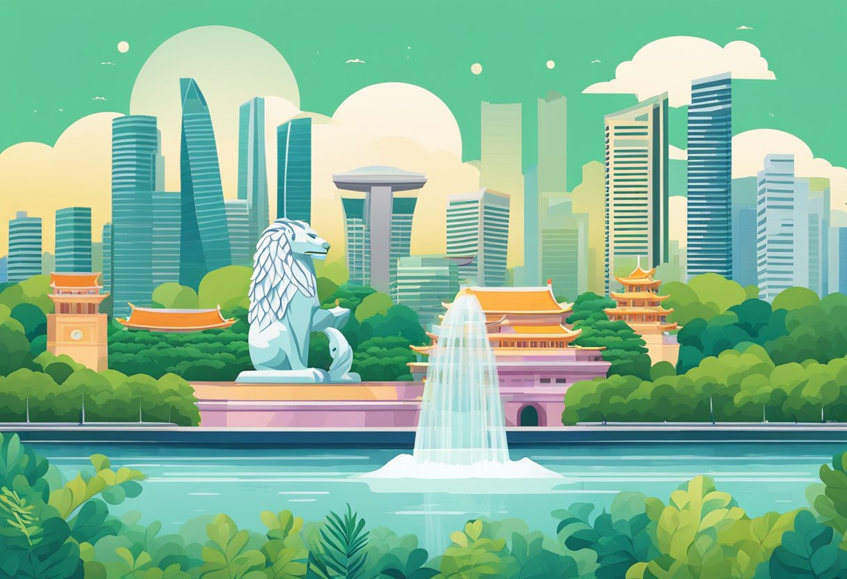 A colorful tote bag with iconic Singapore landmarks, like the Merlion and Marina Bay Sands, against a backdrop of lush greenery and bustling cityscape