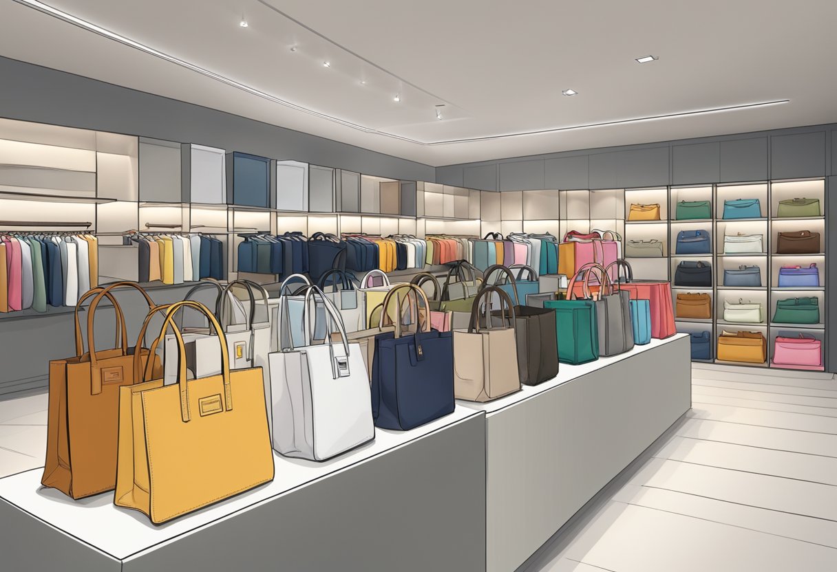 A variety of tote bags displayed in a modern Singapore store, featuring different styles, colors, and materials