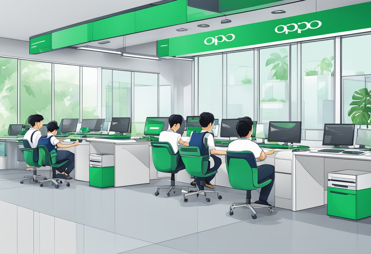 An Oppo service center in Singapore, with technicians repairing and servicing Oppo products