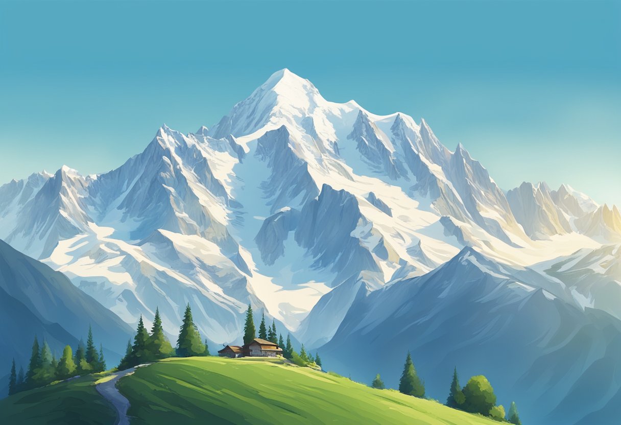 A majestic view of Mont Blanc, with snow-capped peaks and a clear blue sky, surrounded by lush greenery and a serene atmosphere