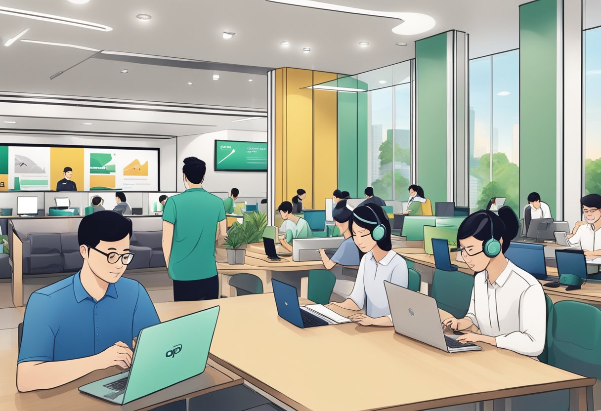 A customer service representative assists a client at the OPPO service center in Singapore, surrounded by a display of smartphones and a waiting area filled with customers