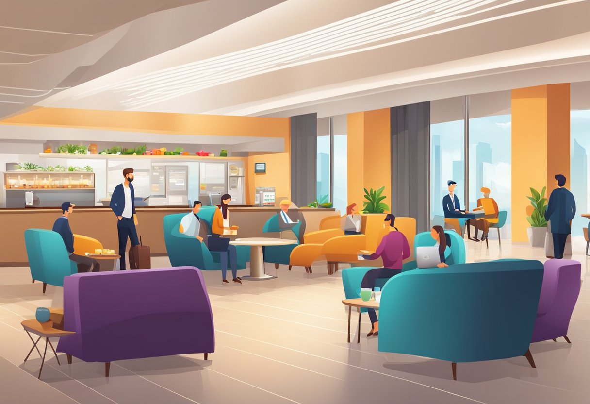 Passengers relax in comfortable chairs, enjoying food and drinks. Staff assist with inquiries at the reception desk. The lounge is modern and spacious