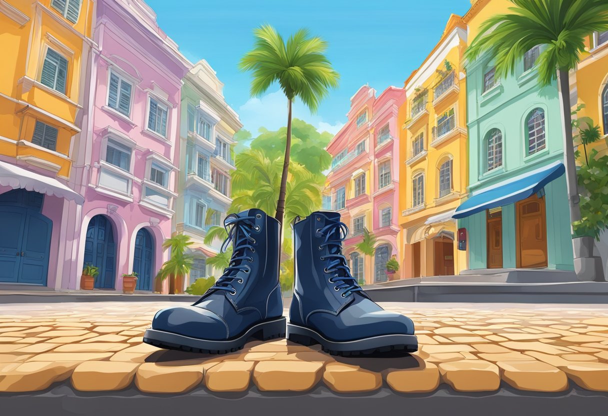 A pair of boots on a cobblestone street in Singapore, with a backdrop of colorful buildings and palm trees