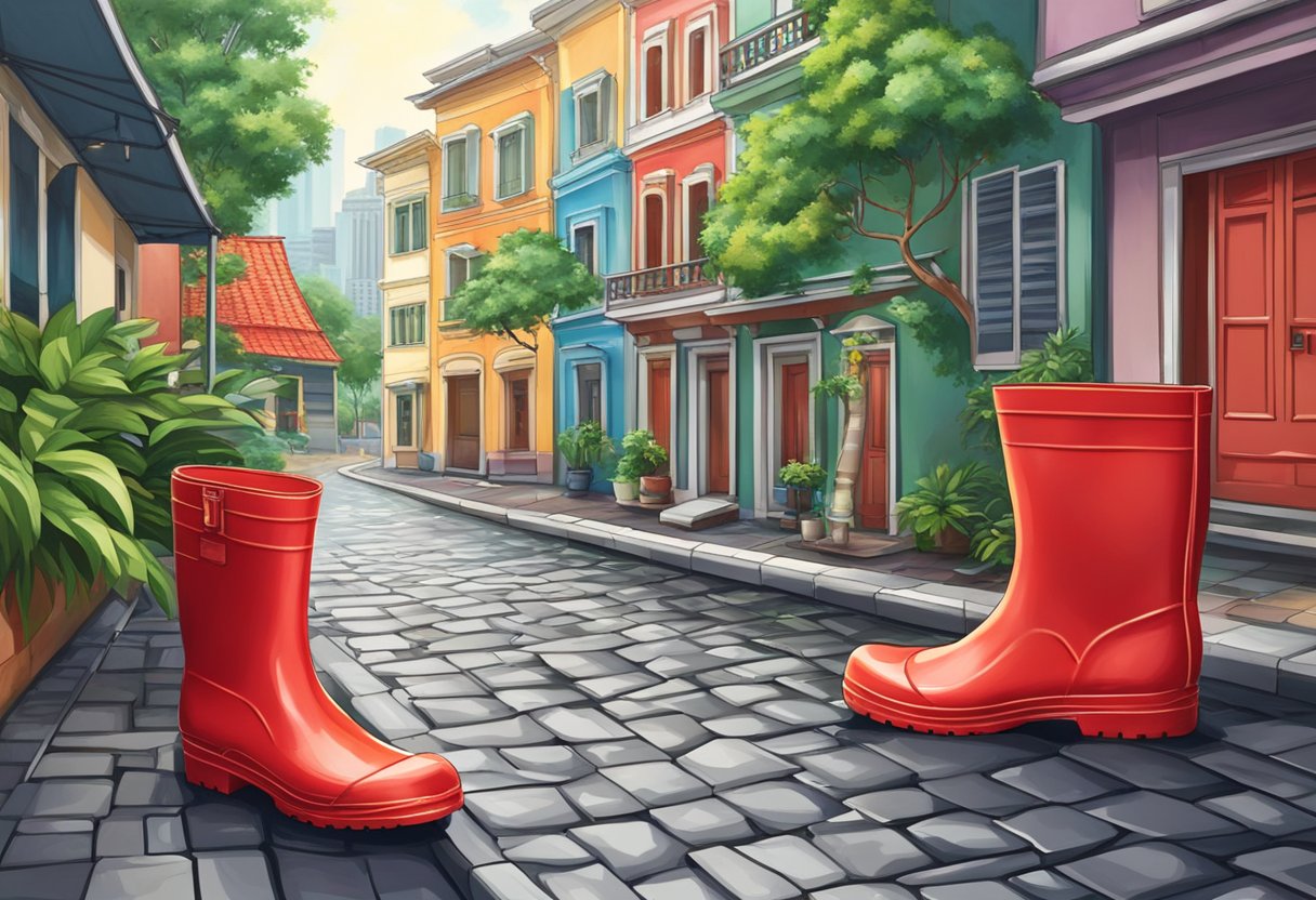 A pair of vibrant red rain boots sits on a cobblestone street in Singapore, surrounded by lush greenery and colorful buildings